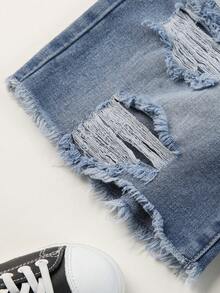 Pantalones Cortos De Mezclilla Para Niño Rasgados Y Lavados Con Agua - Azul lavado medio - Ver 3
