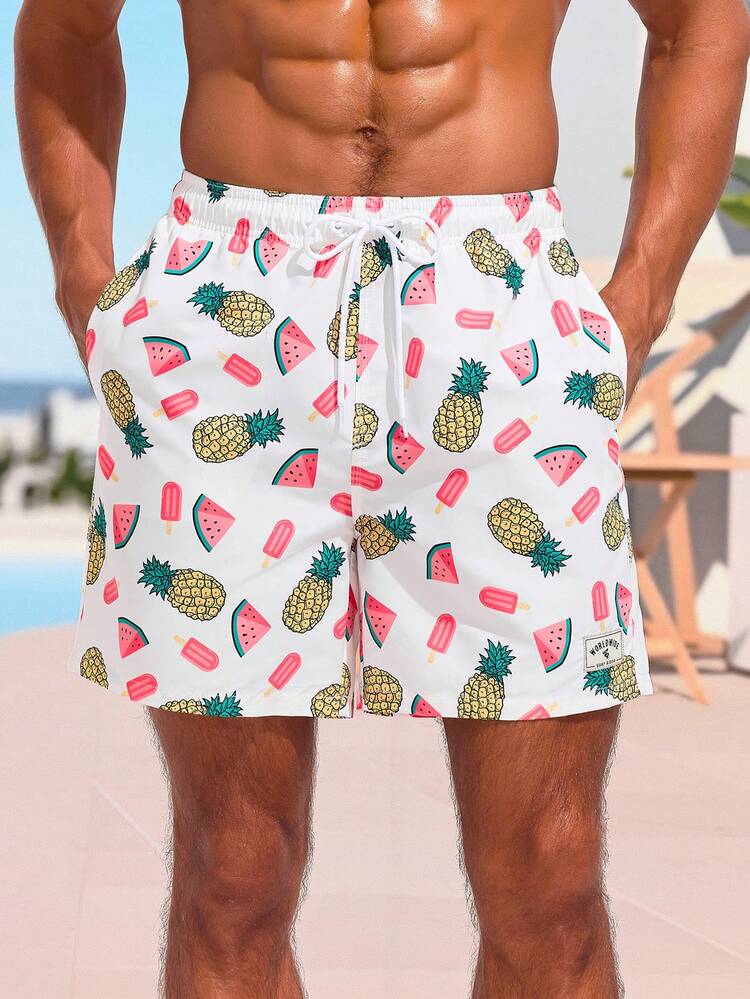 Men'S Fruit Printed Elastic Waist Beach Shorts