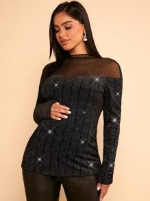 SHEIN Maternity Mesh Insert Glitter Tee - Black - View 4