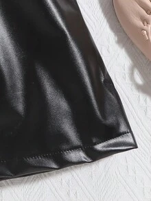 SHEIN Tween Girls' Ruffled Sleeve Round Neck Top And Pu Leather Mini Skirt 2pcs/Set - Red - View 4