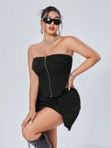 SHEIN ICON Y2K Mùa hè Kích thước lớn Của phụ nữ Dây kéo Dây buộc tóc Chi tiết Ngắn Bustier Cargo Áo Và Cargo Váy bodycon Đen Hai chiếc Bộ - màu đen - Xem 3