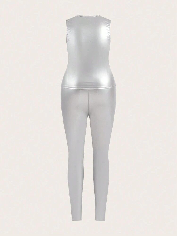 Plus Size Coated Shiny Cami Top And Leggings Set