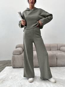 SHEIN PETITE Juego De Dos Piezas De Punto Acanalado De Color Sólido Para Mujeres - Verde militar - Ver 3