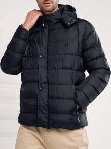 RueChic Men Zip Up Drawstring Hooded Puffer Coat - Black - View 4