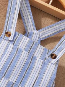SHEIN Baby Boys' Casual Striped Overall Shorts With Suspenders, Spring & Summer, Suitable - Blue - View 5