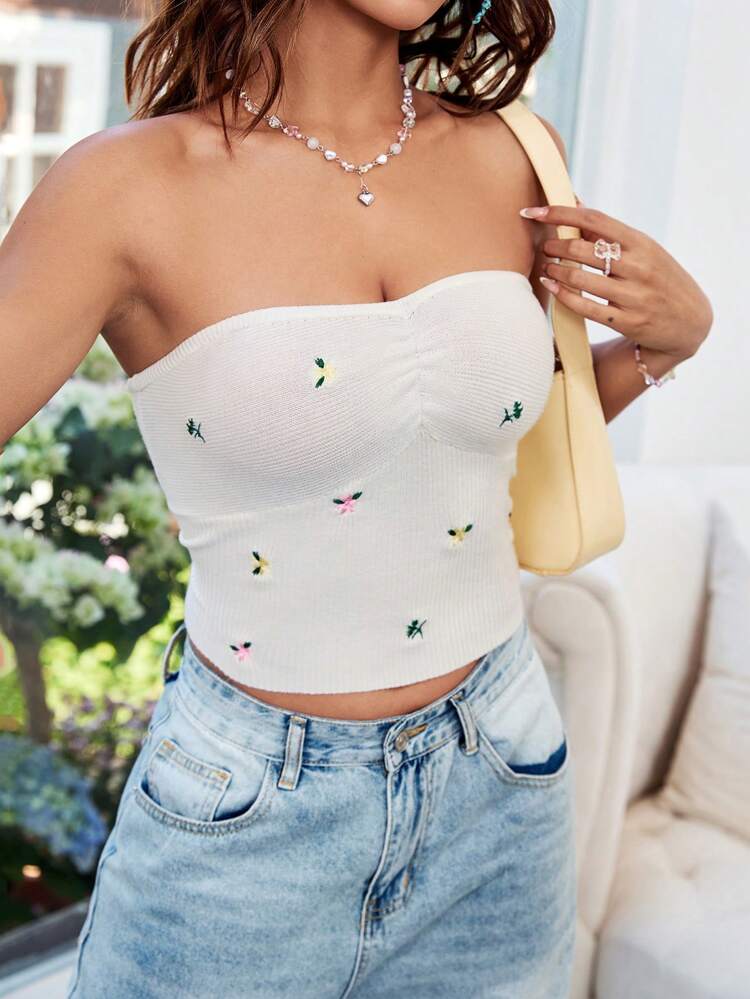 Embroidered Bandeau Knitted Top