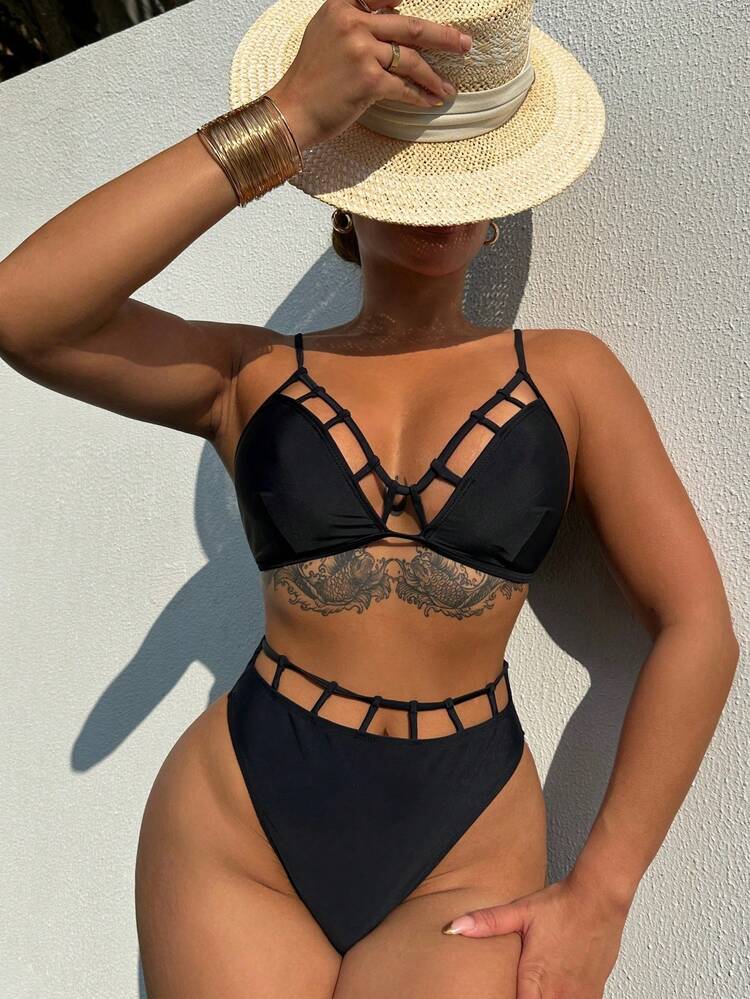 Solid Color Hollow Out Bikini Set Music Festival Summer