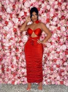 SHEIN SXY Valentine's Day Sexy Red Prom Heart  Spring  Party Date Night  Ruffle Hollow Out Women Elegant Party Strapless Pleated Floor-Length  With 3d Flower Decoration