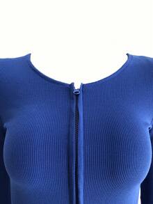 拉鍊長袖上衣和鉛筆褲,春季針織套裝女裝 - 藍色 - 查看 3