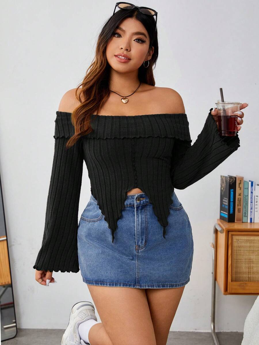 SHEIN EZwear Áo thun có đường viền bất đối xứng dài tay hở vai cỡ lớn - màu đen - Xem 1