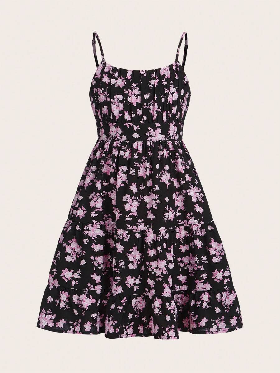 SHEIN Tween Girls' Woven Floral Print Holiday Cami Dress - Black - View 1