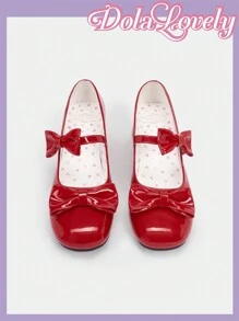Dola Lovely Red Bow & Heart Shaped Mary Jane Shoes For Women, Lolita Style, Chunky Heel, Fashionable Lady High-Heeled Pump