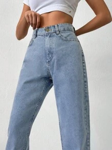 SHEIN PETITE High Waist Straight Leg Jeans - Medium Wash - View 3