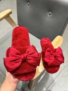 Fall/Winter Women Elegant Red Bowknot Flat Plush Slippers, Perfect For Valentine's Day Party And Home, Halloween, Christmas,Fluffy Slippers,New Year Outfits - Red - View 3