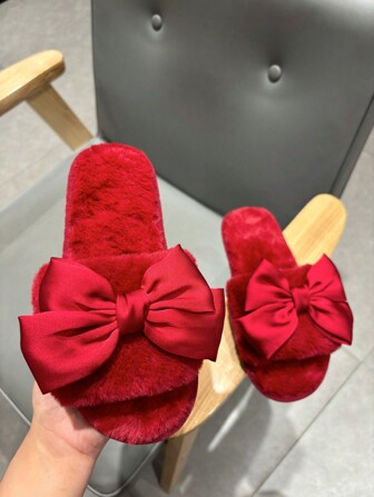 Fall/Winter Women Elegant Red Bowknot Flat Plush Slippers, Perfect For Valentine's Day Party And Home, Halloween, Christmas