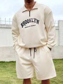 Manfinity Homme Men'S Plus Size Letter Printed Top And Solid Color Shorts Two-Piece Set - Apricot - View 3