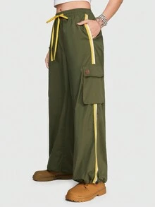 ROMWE Street Life 女休閒工裝褲,鬆緊腰帶,抽繩閉合,口袋,色塊設計（綠色/黃色） - 軍綠色 - 查看 4