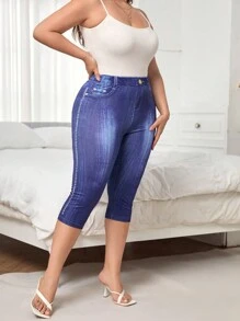 SHEIN SXY 大碼高腰緊身七分褲 - 藍色 - 查看 6