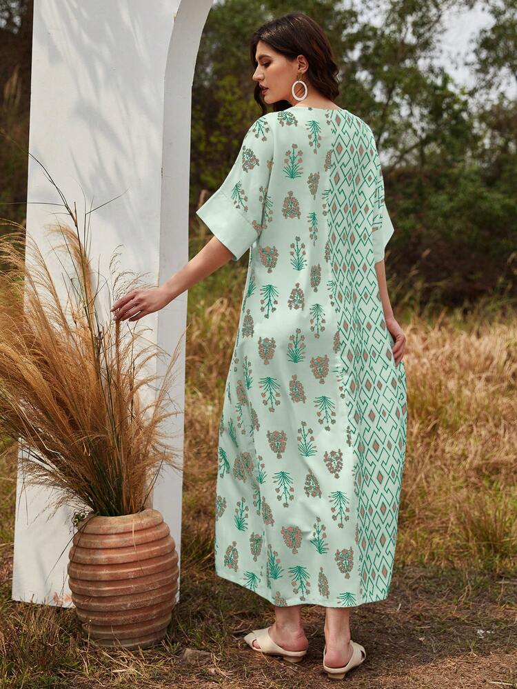 Women's Geometric & Plant Printed Batwing Sleeve Dress