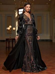 Faeriesty Plunging Neck Lantern Sleeves Sequin Formal Dress - Black - View 6