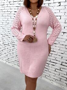 SHEIN Clasi Women's Plus Size Raglan Sleeve Knee-Length Sweater Dress - Pink - View 1