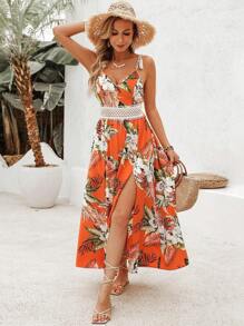 SHEIN VCAY Women's Lace Patchwork Flower Summer Long Beach Dress For Vacation