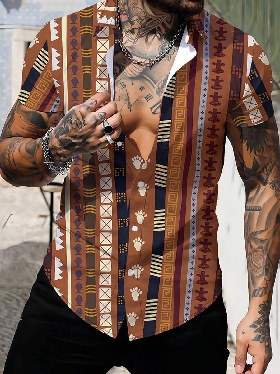 Men's Geometric Printed Short Sleeve Shirt - Multicolor - View 1