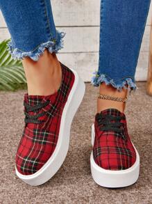 女性楔形鞋跟,厚底鞋-蘇格蘭格紋圖案,圓頭,綁帶,適合室內和室外休閒穿著,也適用於工作或學校鞋,紅色,2024年春夏新品 - 紅色 - 查看 6