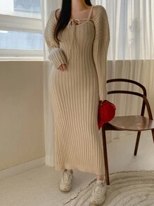 DAZY Của phụ nữ Màu thuần Dệt kim gân sọc Đầm Áo len - Màu be - Xem 2
