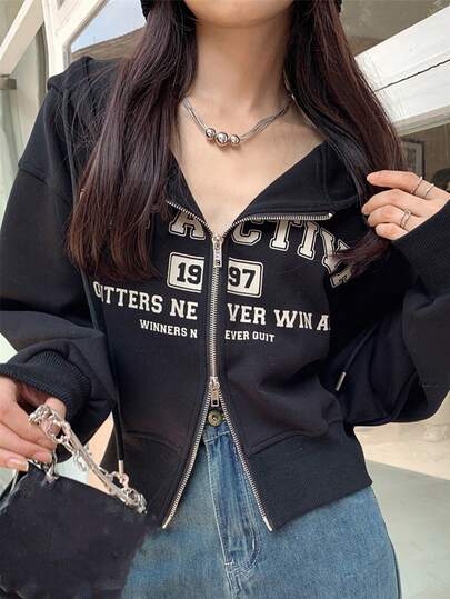 休闲宽松双面拉链连帽衫，字母印花，适合春秋季穿着，长袖上衣，黑色
