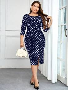 SHEIN Clasi 大尺碼優雅波點印花女裝連衣裙 - 藍白色 - 查看 1