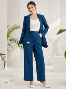 Seusyu Ladies' Solid Color Blazer With Badge Detail - Blue - View 7