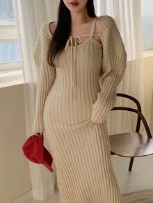 DAZY Của phụ nữ Màu thuần Dệt kim gân sọc Đầm Áo len - Màu be - Xem 5