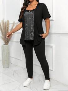 Calvaya Plus Size Decor Soft Contrast Sequin Short Sleeve T-Shirt And Fitted Pants Casual 2 Pieces Outfits For Summer