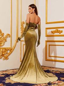 Bộ váy nhung Bandeau xẻ cao xếp nếp có tay cho nữ - Màu be - Xem 3