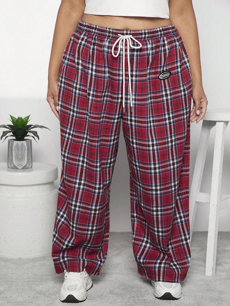 Plus Size Checkered Patch Cargo Pants With Drawstring Waist Detail