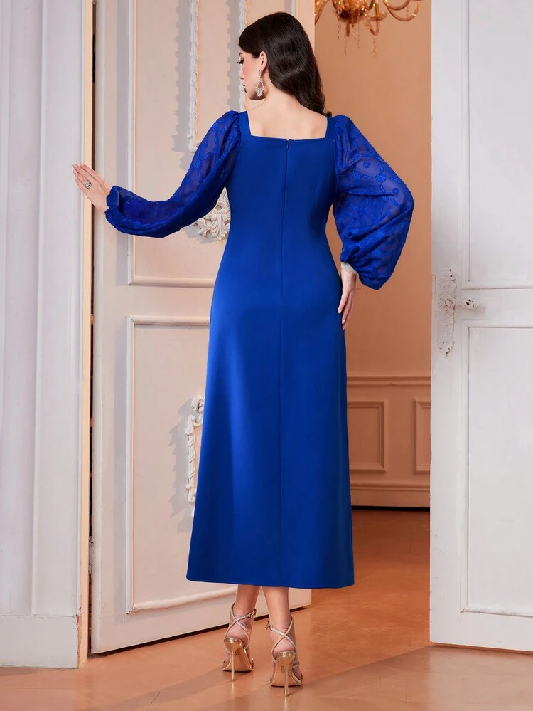 Long Sleeve Split Hem Jacquard Dress Embellished With Fuzzy Details, Without Waist Chain
