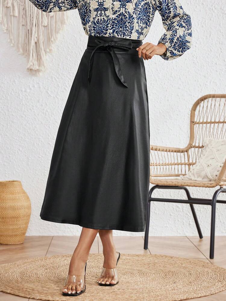 1pc Women's Solid Color Knotted Waist PU Leather Long Elegant Skirt Fall Cloth For Women