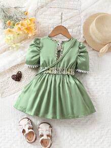 Baby Girl Green Satin Geometric Pattern Print Patchwork Lace Dress With Bag Belt - Multicolor - View 2