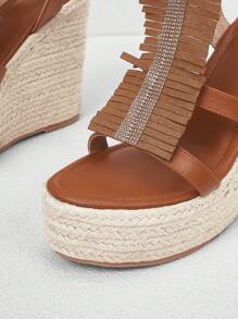 Styleloop Women's Fashion Vacation Fringe Decor Rhinestone Brown Wedge Thick Bottom Sandals - Brown - View 4