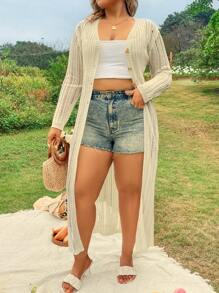 SHEIN SunnyBelle 時尚大尺碼女性長款鉸空針織開衫 - 杏色 - 查看 6