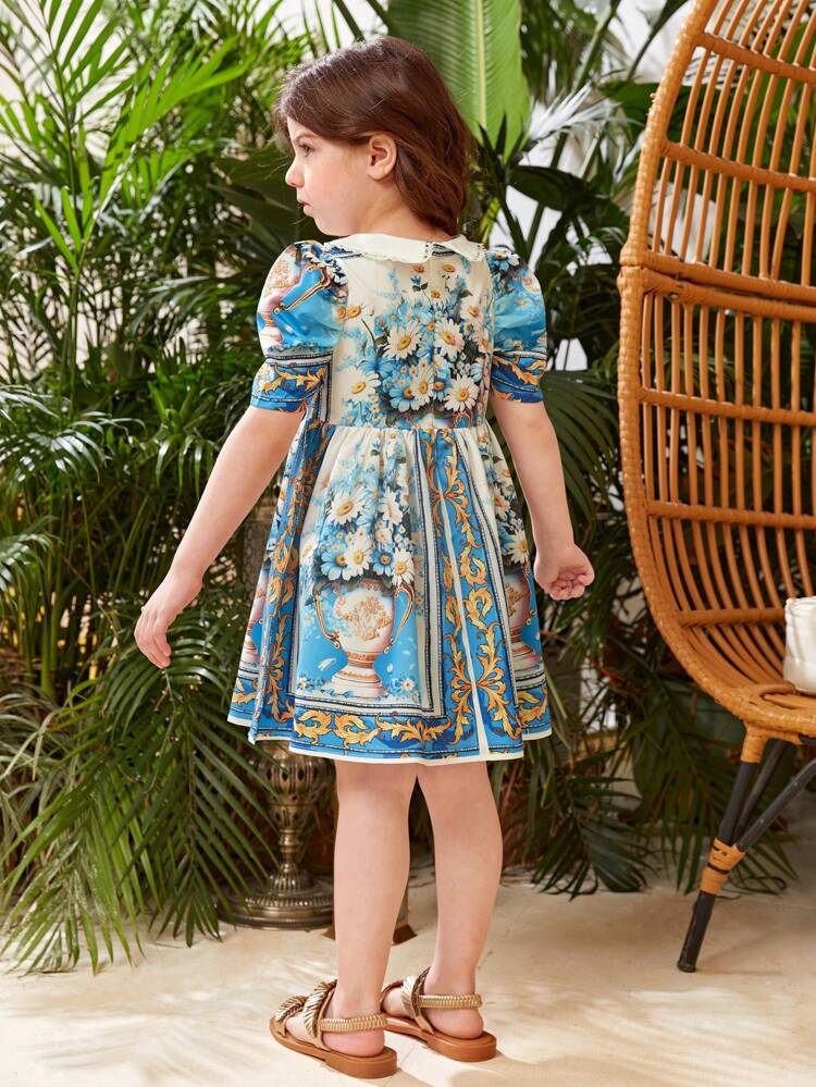 Little Girls' Baroque Printed Puff Sleeve Dress