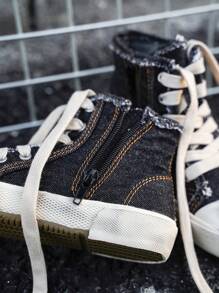 街头风滑板时尚个性化水洗牛仔高帮帆布运动鞋 - 黑色 - 查看 2