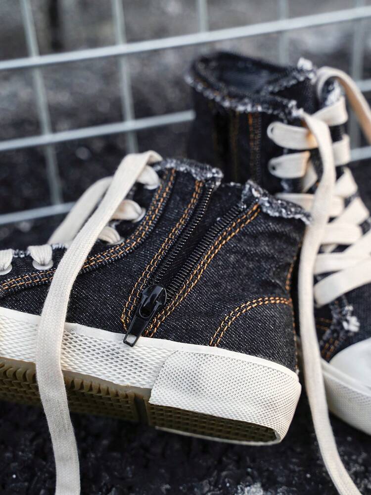 Street Style Skateboard Fashion Personalized Washed Denim High Top Canvas Sneakers, Sport Shoes