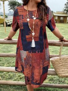 EMERY ROSE Plus Size Patchwork Printed Casual Dress - Multicolor - View 3