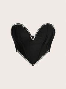 SHEIN ICON Ladies' Asymmetrical Hem Top With Rhinestone Decoration - Black - View 1