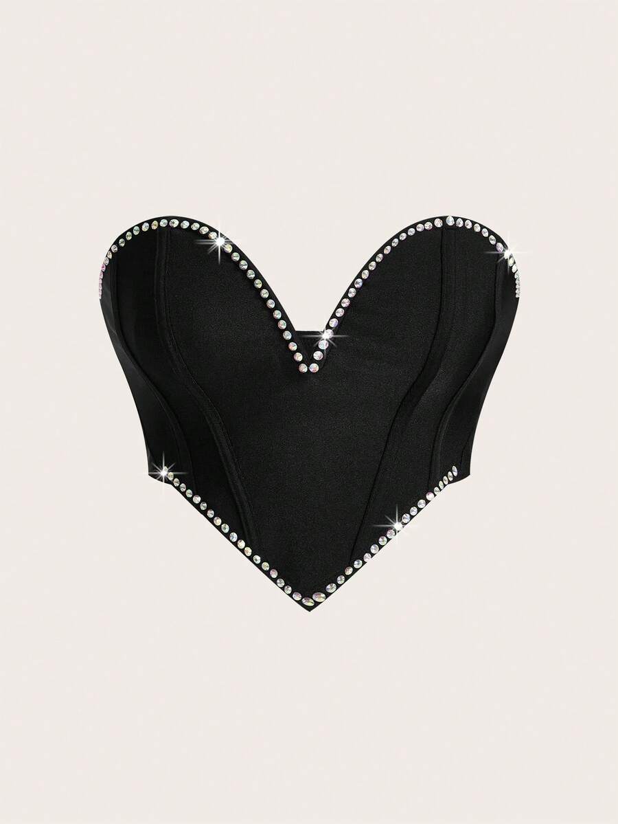 SHEIN ICON Ladies' Asymmetrical Hem Top With Rhinestone Decoration - Black - View 1