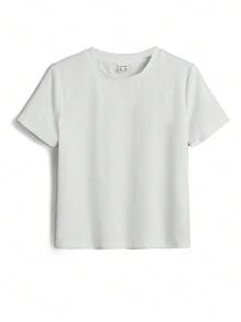 SHEIN Artist Tween Girls 纯色圆领短袖 T 恤，棉质，节日、新年、感恩节 - 白色 - 查看 1