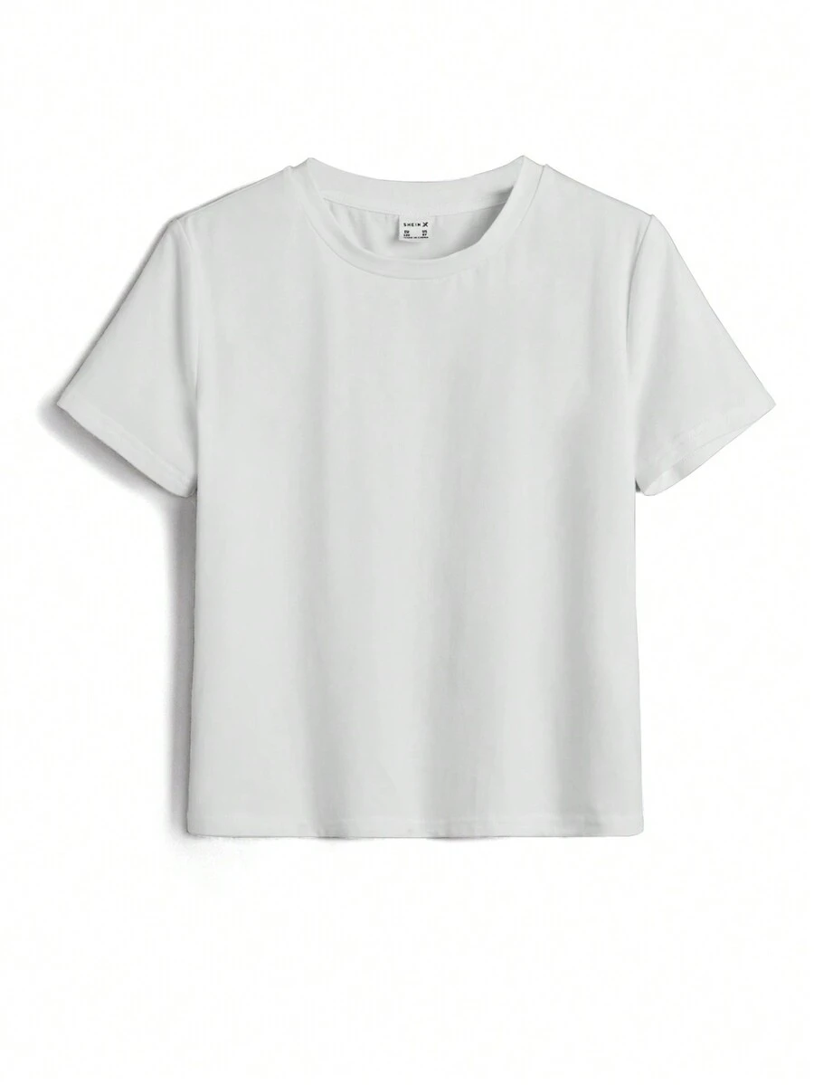 SHEIN Artist Tween Girls 纯色圆领短袖 T 恤，棉质，节日、新年、感恩节 - 白色 - 查看 1