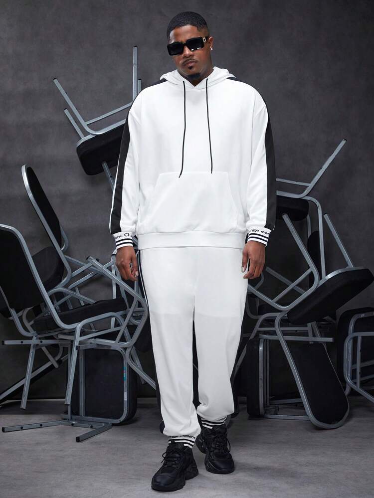 Loose Fit Plus Size Men's Colorblock Hooded Sweatshirt And Drawstring Pants Set